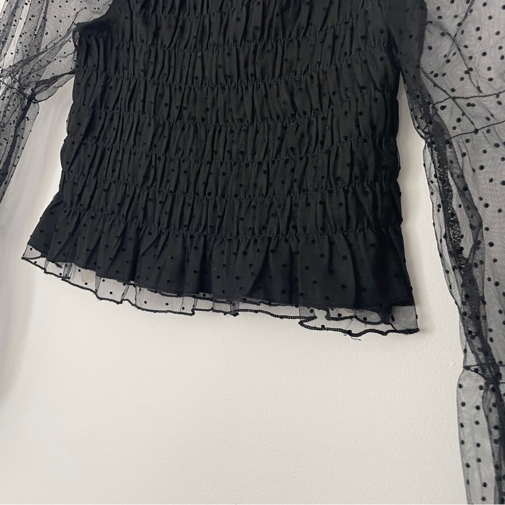 Black Sheer Swiss Dot Puff Long Sleeve Smocked Crop Top Small - Picture 5 of 6